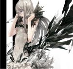  1girl album_cover bare_shoulders black_feathers blue_eyes cover crystal dress feathers grey_dress ide long_hair looking_down makai_no_juumin original profile silver_hair simple_background sleeveless sleeveless_dress solo upper_body white_background 