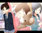  2girls :d ^_^ blazer brown_eyes brown_hair closed_eyes doll_hug extra hug k-on! kisuke_(akutamu) multiple_girls open_mouth ponytail round_teeth satou_akane school_uniform short_hair skirt smile stuffed_animal stuffed_toy teddy_bear teeth wajima_maki 