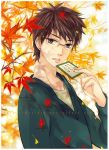  1boy blue_eyes branch brown_hair chihayafuru glasses iroha_karuta leaf male_focus mrsloth solo sweater wataya_arata 