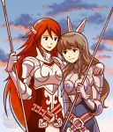  2girls aquanut armor belt blush breastplate brown_hair clouds cloudy_sky feathers fire_emblem fire_emblem:_kakusei gauntlets hair_feathers hair_ornament hand_on_another&#039;s_shoulder long_hair looking_at_another multiple_girls pegasus_knight polearm redhead sky spaulders spear sumia cordelia_(fire_emblem) weapon yuri 