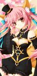  1girl animal_ears asti bare_shoulders bow breasts cleavage detached_sleeves fate/extra fate/extra_ccc fate_(series) female fox_ears fox_tail hair_bow hair_ribbon hat highres long_hair mini_hat mini_top_hat pink_hair ribbon smile solo tail tamamo_(fate)_(all) tamamo_no_mae_(fate) top_hat twintails yellow_eyes 