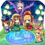  5girls black_wings blonde_hair blue_eyes blush bow brown_hair capelet chibi chocolat_(momoiro_piano) dress drill_hair gothic_lolita grass green_dress hair_bow hat hetero hina_ichigo juliet_sleeves lolita_fashion long_hair long_sleeves multiple_girls open_mouth puffy_sleeves red_dress red_eyes reflection rozen_maiden shinku shirt shorts silver_hair smile souseiseki suigintou suiseiseki twintails very_long_hair water wings 