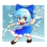  1girl alphes_(style) blue_eyes blue_hair bow character_name chibi cirno dual_wielding fighting_stance hair_bow ice lowres parody shiny_shinx short_hair short_sword snowflakes solo style_parody sword touhou weapon wings 