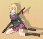  1girl ahoge blonde_hair bow fate_(series) green_eyes kurai_nao plaid plaid_skirt saber school_uniform sheath skirt solo unmoving_pattern 