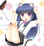  1girl animal_ears blue_hair bobby_socks bow bowtie cat_ears cat_tail fake_animal_ears fang furude_rika gaou higurashi_no_naku_koro_ni long_hair looking_at_viewer mary_janes open_mouth panties pantyshot pantyshot_(sitting) paw_pose pink_bow polka_dot polka_dot_background red_shoes school_uniform shoes short_sleeves sitting skirt socks solo suspenders tail underwear upskirt violet_eyes white_panties 