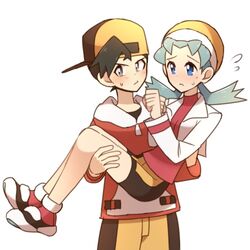  1boy 1girl 90s aqua_hair baseball_cap black_eyes black_hair carrying couple crystal_(pokemon) embarrassed gold_(pokemon) gold_(pokemon)_(classic) hat hetero lowres poke_nk pokemon pokemon_(game) pokemon_gsc princess_carry simple_background 