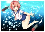  1girl blush brown_hair flower hair_flower hair_ornament i-58_(kantai_collection) kantai_collection light_brown_hair open_mouth personification red_eyes school_swimsuit school_uniform serafuku short_hair sk_(buta) smile solo swimsuit swimsuit_under_clothes torpedo underwater 