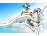  1girl armor belt blue_eyes blue_hair blue_legwear boots dress fingerless_gloves fiora fiora_(fire_emblem) fire_emblem fire_emblem:_rekka_no_ken gloves green_eyes green_hair headband long_hair nintendo nonji_(sayglo_halo) pegasus pegasus_knight polearm riding spear thigh-highs thigh_boots weapon zettai_ryouiki 