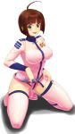  1girl :p belt blush bob_cut bodysuit boots breasts brown_hair green_eyes harada_makoto highres kneeling large_breasts nurse ookami_makoto pink_boots pink_legwear short_hair smile solo thigh-highs thigh_boots tongue tongue_out uchuu_senkan_yamato uchuu_senkan_yamato_2199 uniform 