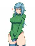  1girl blue_hair blush bottomless breasts brown_eyes erect_nipples gloves heart long_hair mouth_hold original pocky pocky_day ribbed_sweater solo sweater sweater_tug thigh-highs thighs utako623 