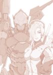  2girls armor bodysuit braid d.va_(overwatch) dark_skin facial_tattoo full_armor hair_over_one_eye hair_tubes helmet high_ponytail highres holding holding_weapon kino-w looking_at_viewer mechanical_halo mechanical_wings mercy_(overwatch) monochrome multiple_girls outstretched_arm overwatch parted_lips pharah_(overwatch) power_armor reaching_out sepia side_braids simple_background smile tattoo weapon white_background wings 