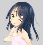  1girl ;o black_hair blush bracelet camisole child collarbone female flat_chest flower green_eyes grey_background hair_flower hair_ornament head_tilt highres jewelry kiyomin long_hair looking_at_viewer one_eye_closed open_mouth original shirt_pull simple_background solo sweat teeth upper_body wink 