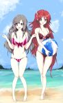  2girls ball beach beachball bikini breasts cleavage echizen_(hvcv) fire_emblem fire_emblem:_kakusei front-tie_top grey_hair highres large_breasts long_hair looking_at_viewer multiple_girls navel ocean open_mouth red_eyes redhead sand side-tie_bikini skindentation sky smile standing strap_gap striped striped_bikini striped_swimsuit sumia swimsuit thigh_gap cordelia_(fire_emblem) very_long_hair violet_eyes water 