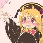  1girl black_dress blonde_hair blush blush_stickers chikado chinese_clothes dress eyelashes junko_(touhou) outstretched_arm red_eyes solo_focus sweat tabard tassel touhou trembling upper_body wavy_mouth 