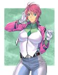  1girl blue_eyes breasts cropped_jacket feldt_grace gloves gundam gundam_00 gundam_00_a_wakening_of_the_trailblazer hand_on_head hand_on_own_head highres homare_(fool&#039;s_art) impossible_clothes jacket large_breasts military military_uniform pants pink_hair short_hair skin_tight solo uniform white_gloves 