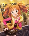 1girl artist_request bracelet brown_hair earrings fur_trim green_eyes idolmaster idolmaster_million_live! jewelry leopard_print namco necklace official_art open_mouth solo takatsuki_yayoi twintails 