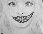  1girl creepy female grin kyary_pamyu_pamyu monochrome smile solo teeth traditional_media 