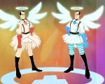  2boys black_hair boots crossdressinging derivative_work glasses halo medic miniskirt multiple_boys panty_&amp;_stocking_with_garterbelt parody skirt team_fortress_2 the_medic thigh-highs wings 