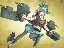  1girl black_legwear blush bow brown_eyes crop_top crop_top_overhang grey_hair hair_bow kantai_collection midriff navel pantyhose peperoncirno personification pleated_skirt ponytail school_uniform serafuku short_hair short_ponytail short_sleeves skirt smile solo yuubari_(kantai_collection) 