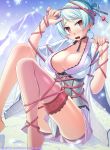  1girl blue_hair breasts cleavage lace lace-trimmed_thighhighs large_breasts legs long_legs original red_eyes sakuya_tsuitachi short_hair single_thighhigh solo tenka_touitsu_chronicle thigh-highs thighs 