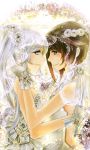  2girls blue_eyes bride dress eye_contact flower gloves highres long_hair looking_at_another milucky multiple_girls redhead ruby_rose rwby short_hair smile tearing_up veil wedding wedding_dress weiss_schnee white_hair wife_and_wife yuri 