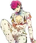  1girl bruno_buccellati bruno_bucciarati bruno_bucciarati_(cosplay) cleavage_cutout cosplay green_eyes guido_mista jojo_no_kimyou_na_bouken lowres pink_hair short_hair solo trish_una 