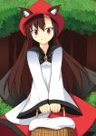  1girl absurdres animal_ears anna_sakura basket blush blush_stickers brown_hair cape cosplay fang hat highres imaizumi_kagerou little_red_riding_hood long_hair looking_at_viewer red_eyes smile solo touhou v_arms wide_sleeves wolf_ears 