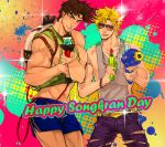  2boys alternate_costume backpack bag battle_tendency blonde_hair brown_hair caesar_anthonio_zeppeli facial_mark green_eyes haine13 jojo_no_kimyou_na_bouken joseph_joestar_(young) male_focus multiple_boys pants shorts summer sunglasses tank_top torn_clothes torn_pants water_gun 