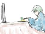  1girl controller frog_hair_ornament from_side green_eyes green_hair hair_ornament kochiya_sanae kotatsu looking_at_viewer merpperoni remote_control simple_background sitting solo table television touhou white_background 