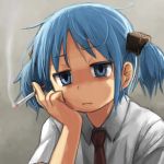  1girl blue_eyes blue_hair bored chin_rest cigarette commentary empty_eyes hair_cubes hair_ornament lowres messy_hair naganohara_mio necktie nichijou nishimura_(prism_engine) older short_hair short_twintails solo twintails upper_body 