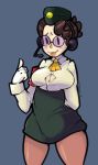  1girl :p arm_behind_back armband black_egrets blush breasts brown_hair bursting_breasts cleavage garrison_cap glasses gloves hat headset large_breasts mangneto military military_uniform molly_(skullgirls) pantyhose round_glasses short_hair skirt skullgirls solo tongue tongue_out uniform white_gloves 