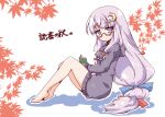  1girl bespectacled blue_eyes book crescent crescent_hair_ornament dress glasses hair_ornament hair_ribbon hood hoodie leaf long_hair looking_at_viewer maple_leaf moon neko_yume no_hat patchouli_knowledge purple_hair red-framed_glasses ribbon sitting solo sweater sweater_dress touhou 