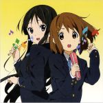  2girls akiyama_mio black_eyes black_hair blush brown_eyes brown_hair highres hirasawa_yui horiguchi_yukiko k-on! left-handed long_hair multiple_girls music musical_note official_art school_uniform short_hair singing smile 