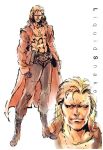  1boy abs blonde_hair boots character_name coat dog_tags face gloves liquid_snake male metal_gear_(series) metal_gear_solid mullet official_art open_clothes open_coat shinkawa_youji trench_coat 