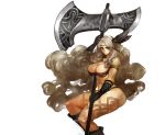  1girl amazon_(dragon&#039;s_crown) armlet armor bikini_armor blonde_hair boots breasts circlet dragon&#039;s_crown fantchi feathers gloves halberd highres large_breasts long_hair muscle polearm solo tattoo thick_thighs thighs violet_eyes weapon 