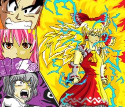  1boy 3girls aura black_eyes black_hair blonde_hair bow brown_eyes clenched_teeth crossover detached_sleeves dragon_ball dragon_ball_z dragonball_z dress electricity fan green_eyes hair_ribbon hair_tubes hakurei_reimu konpaku_youmu long_hair male_focus multiple_girls open_mouth pink_hair red_dress ribbon rimongri saigyouji_yuyuko shaking short_hair silver_hair son_gokuu spiky_hair super_saiyan super_saiyan_3 surprised sweatdrop teeth touhou vest 