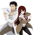  1boy 1girl belt black_hair brown_eyes brown_hair buckle eye_contact highres jacket labcoat legwear_under_shorts long_hair looking_at_another makise_kurisu necktie okabe_rintarou open_mouth pantyhose pose short_hair shorts shoumaru_(gadget_box) simple_background smile steins;gate violet_eyes white_background 