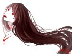  1girl 842370721 blood brown_hair head_tilt highres long_hair mouth_hold original red_eyes solo string white_background youli_(yori) 