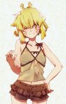  1girl argo_the_rat banana blonde_hair breasts camisole food fruit highres jewelry key_necklace looking_at_viewer navel one_eye_closed short_hair short_shorts shorts smile solo swimsuit sword_art_online whisker_markings yellow_eyes 