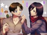  1girl 2boys amakura_(am_as) black_hair blue_eyes brother_and_sister brown_hair eren_yeager flat_gaze food food_on_face jealous jean_kirchstein mikasa_ackerman multiple_boys shingeki_no_kyojin short_hair siblings spoon translation_request 