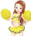  1girl :d bad_id blush bow brown_eyes brown_hair cheerleader female happy headband idolmaster kobe_bryant long_hair looking_at_viewer los_angeles_lakers midriff minase_iori national_basketball_association navel open_mouth pom_poms simple_background skirt smile solo standing white_background 