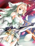  1girl bare_shoulders belt blonde_hair breasts cleavage detached_collar detached_sleeves dutch_angle fate/grand_order fate_(series) garter_straps gloves green_eyes hair_intakes highres large_breasts linon looking_at_viewer petals saber_bride saber_extra smile solo standing sword thigh-highs veil weapon 