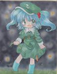  1girl blue_hair boots cattail dress grass green_dress green_eyes hat kawashiro_nitori plant rie_(ae10171) shikishi smile solo touhou traditional_media twintails 