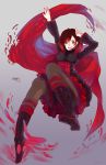  1girl absurdres boots cape highres pantyhose petals redhead rose_petals ruby_rose rwby scythe short_hair skirt solo 