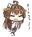  1girl :d ahoge bandaid boots brown_hair chibi closed_eyes dansa detached_sleeves double_bun hair_ornament hairband headgear japanese_clothes kantai_collection kongou_(kantai_collection) long_hair open_mouth personification running simple_background skirt smile solo tears thigh-highs thigh_boots torn_clothes translated wavy_mouth wide_sleeves zettai_ryouiki 