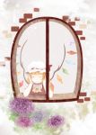  1girl blonde_hair chin_rest closed_eyes crystal female flandre_scarlet flower hat hat_ribbon hydrangea indoors ma-hain-scarlet nature plant pointy_ears ribbon smile solo touhou upper_body wall window wings 