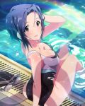  1girl artist_request breasts cleavage competition_swimsuit goggles hat hat_removed headwear_removed idolmaster idolmaster_million_live! lens_flare miura_azusa official_art one-piece_swimsuit pool poolside purple_hair red_eyes short_hair sparkle swim_cap swimsuit wet wet_hair 