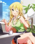  1girl ;d ahoge artist_request blonde_hair bracelet earrings green_eyes hoshii_miki idolmaster idolmaster_million_live! jewelry long_hair necklace official_art one_eye_closed open_mouth smile solo wink 