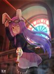  1girl aiming_at_viewer animal_ears back black_legwear blazer blush breasts bullet goggles goggles_on_head gun highres jacket long_hair looking_back medium_breasts necktie pleated_skirt purple_hair rabbit_ears red_eyes reisen_udongein_inaba skirt smile stained_glass steampunk thigh-highs touhou usanekorin weapon zettai_ryouiki 
