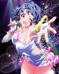 1girl ;d artist_request blue_hair bracelet breasts brown_eyes glowstick idolmaster idolmaster_million_live! jewelry large_breasts looking_at_viewer lots_of_jewelry microphone necklace official_art one_eye_closed open_mouth smile solo toyokawa_fuuka wink 